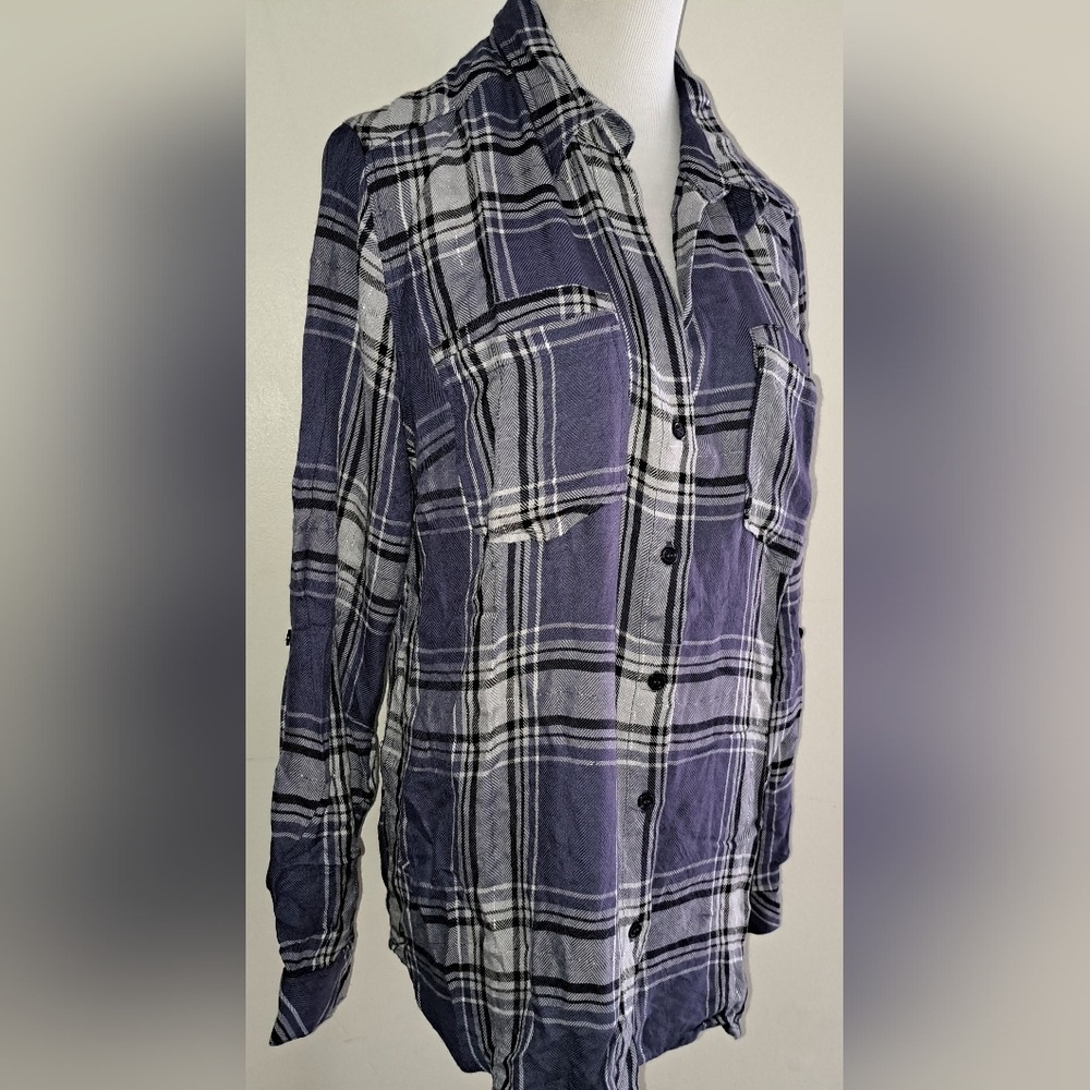 KUT from the Kloth Blue Plaid Metallic Shimmer Button Down Shirt Large - Picture 2 of 7